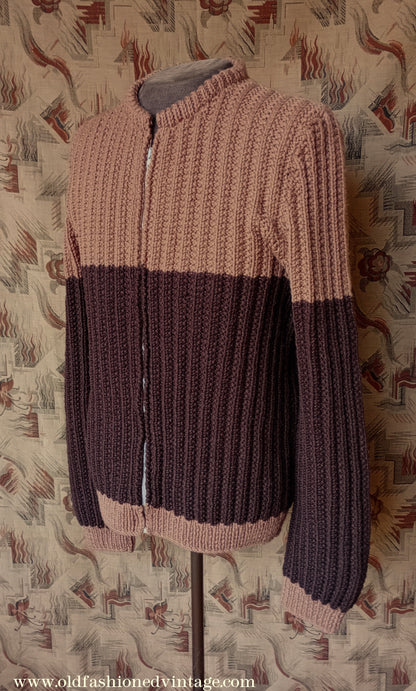 Vintage 1960s Mens Chunky Hand Knitted Zip Up Cardigan Sweater Brown Two Tone L XL