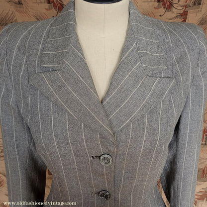 Vintage 1940s Suit Grey White Pinstripe Jacket Skirt UK XS