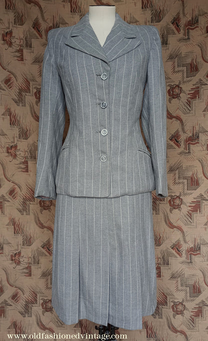 Vintage 1940s Suit Grey White Pinstripe Jacket Skirt UK XS