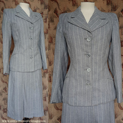 Vintage 1940s Suit Grey White Pinstripe Jacket Skirt UK XS