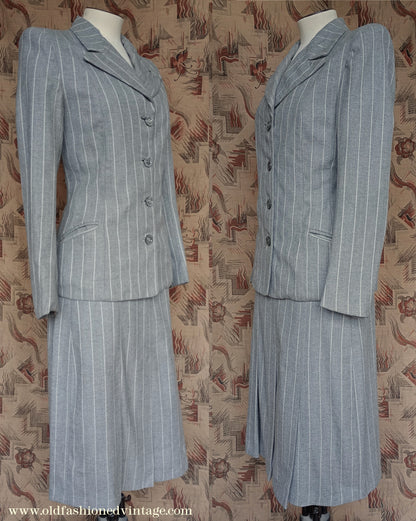 Vintage 1940s Suit Grey White Pinstripe Jacket Skirt UK XS