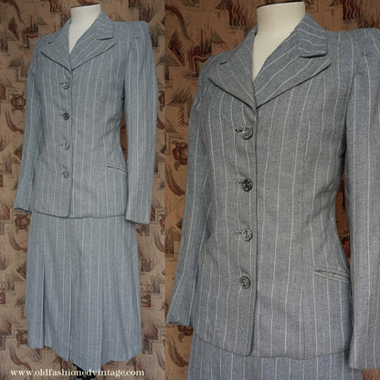 Vintage 1940s Suit Grey White Pinstripe Jacket Skirt UK XS