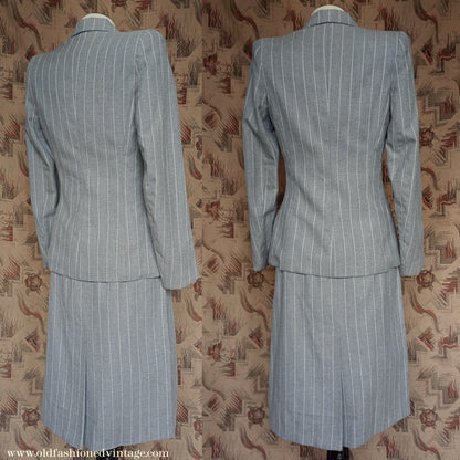 Vintage 1940s Suit Grey White Pinstripe Jacket Skirt UK XS