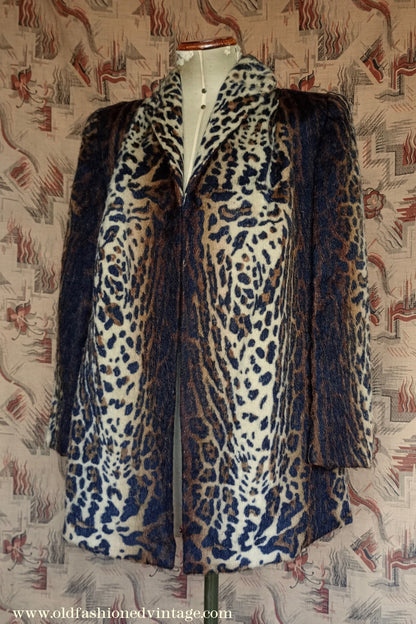 Vintage 1940s Faux Fur Jacket Leopard Teddy Coat UK M/L