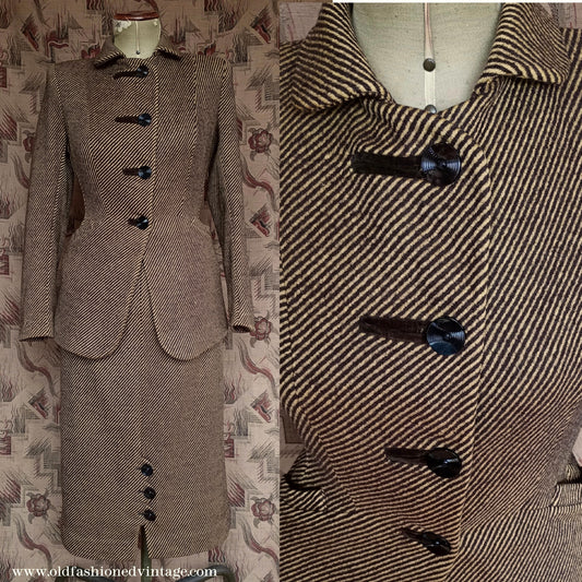 Fabulous Vintage 1940s Suit Yellow Brown Striped Jacket Skirt UK XS