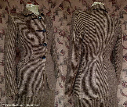 Fabulous Vintage 1940s Suit Yellow Brown Striped Jacket Skirt UK XS