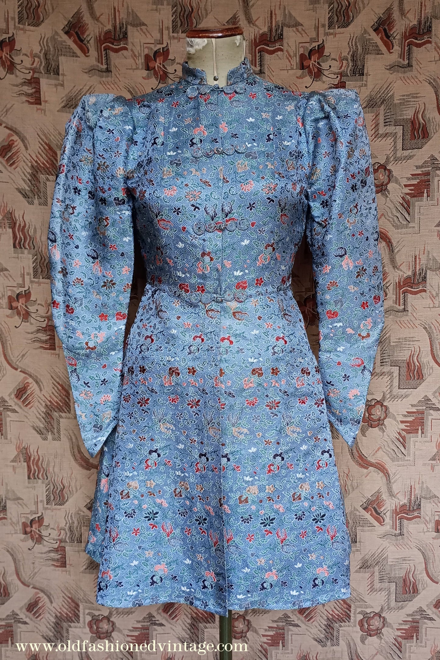 Fantastic Original Vintage 1930s Brocade Tunic Jacket Dress Blue UK S