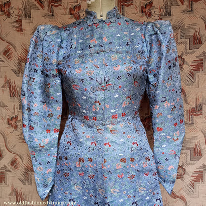 Fantastic Original Vintage 1930s Brocade Tunic Jacket Dress Blue UK S