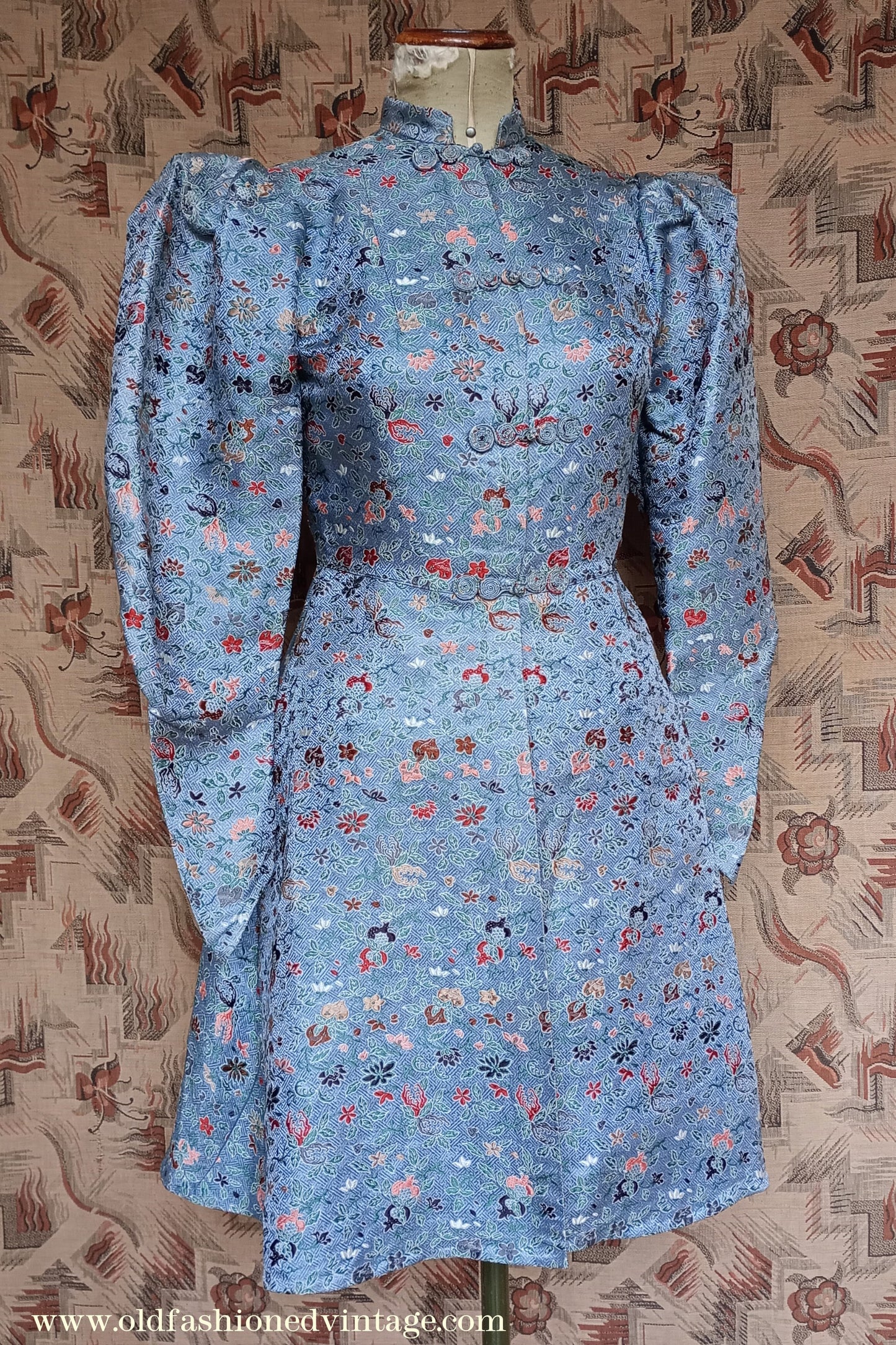 Fantastic Original Vintage 1930s Brocade Tunic Jacket Dress Blue UK S