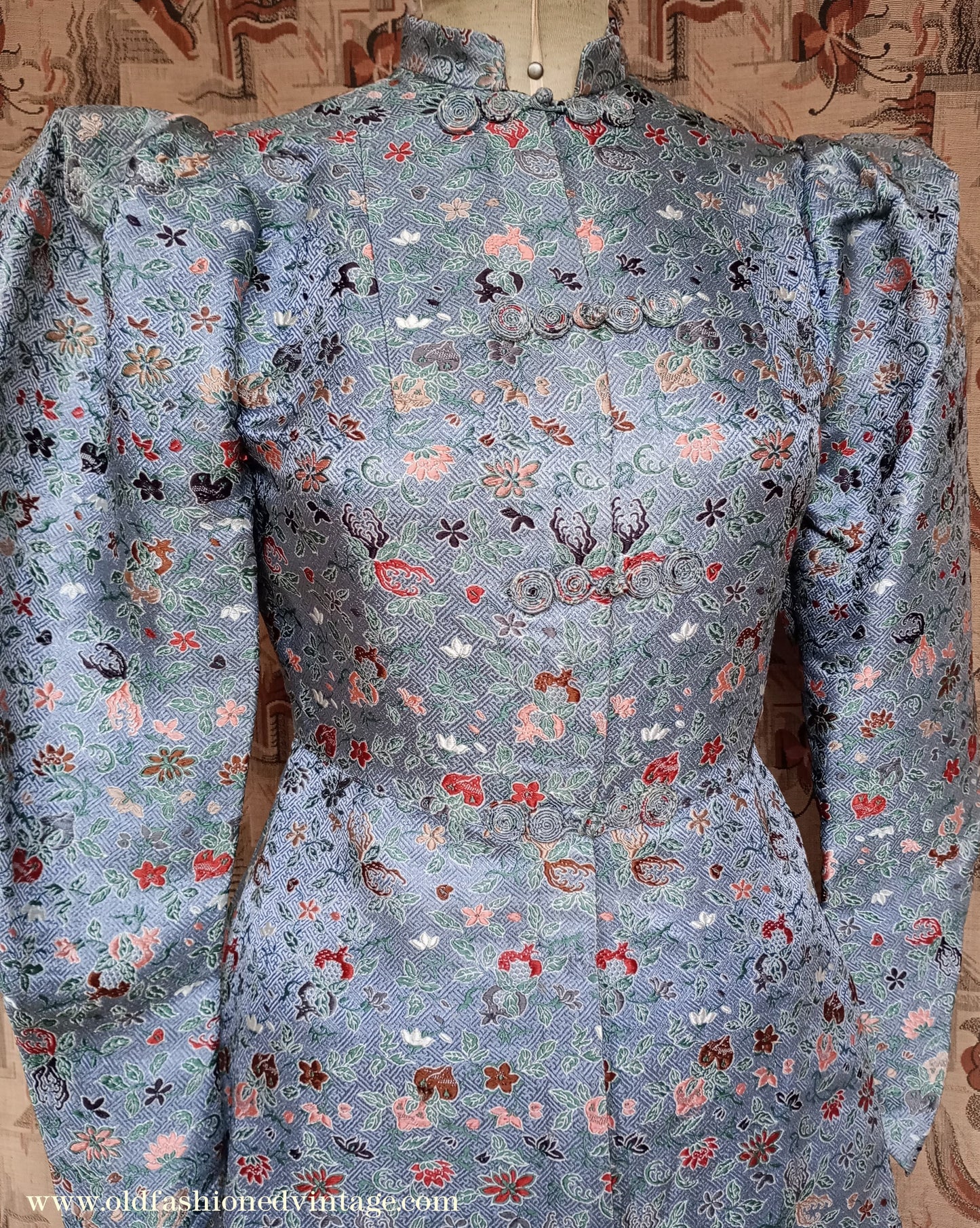 Fantastic Original Vintage 1930s Brocade Tunic Jacket Dress Blue UK S