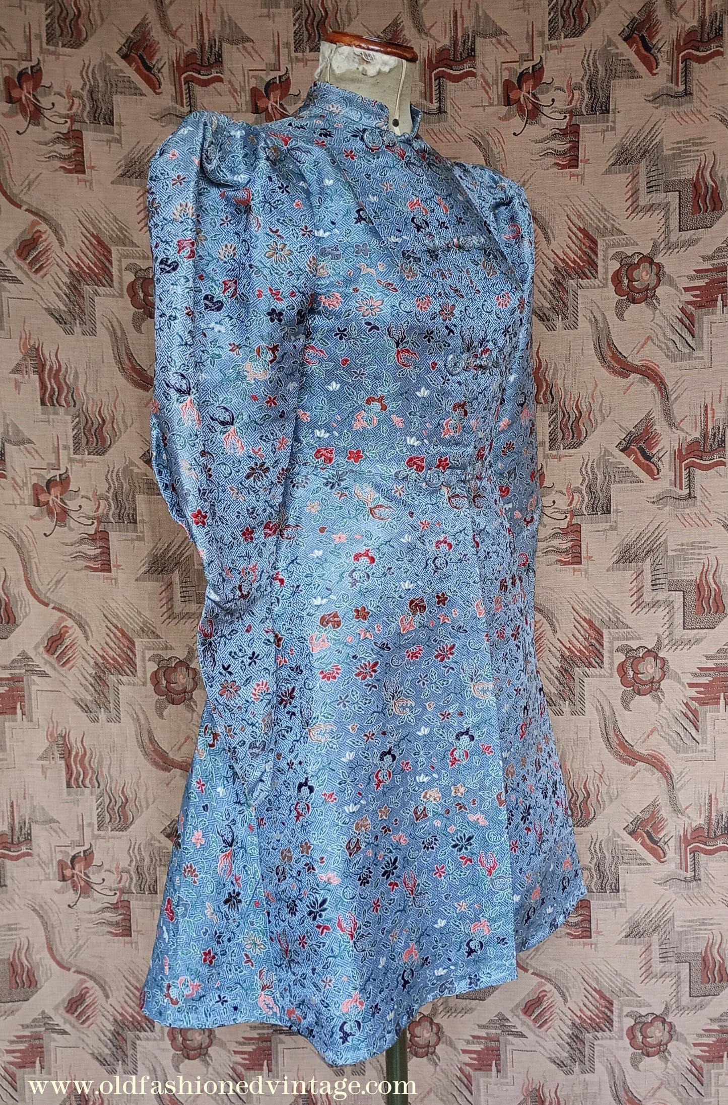 Fantastic Original Vintage 1930s Brocade Tunic Jacket Dress Blue UK S