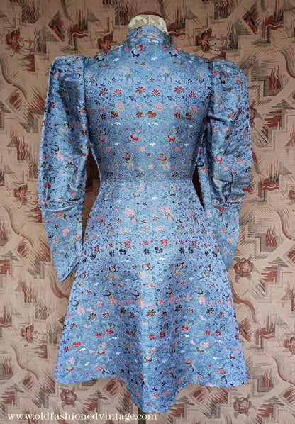 Fantastic Original Vintage 1930s Brocade Tunic Jacket Dress Blue UK S