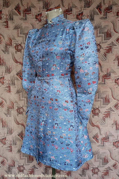 Fantastic Original Vintage 1930s Brocade Tunic Jacket Dress Blue UK S