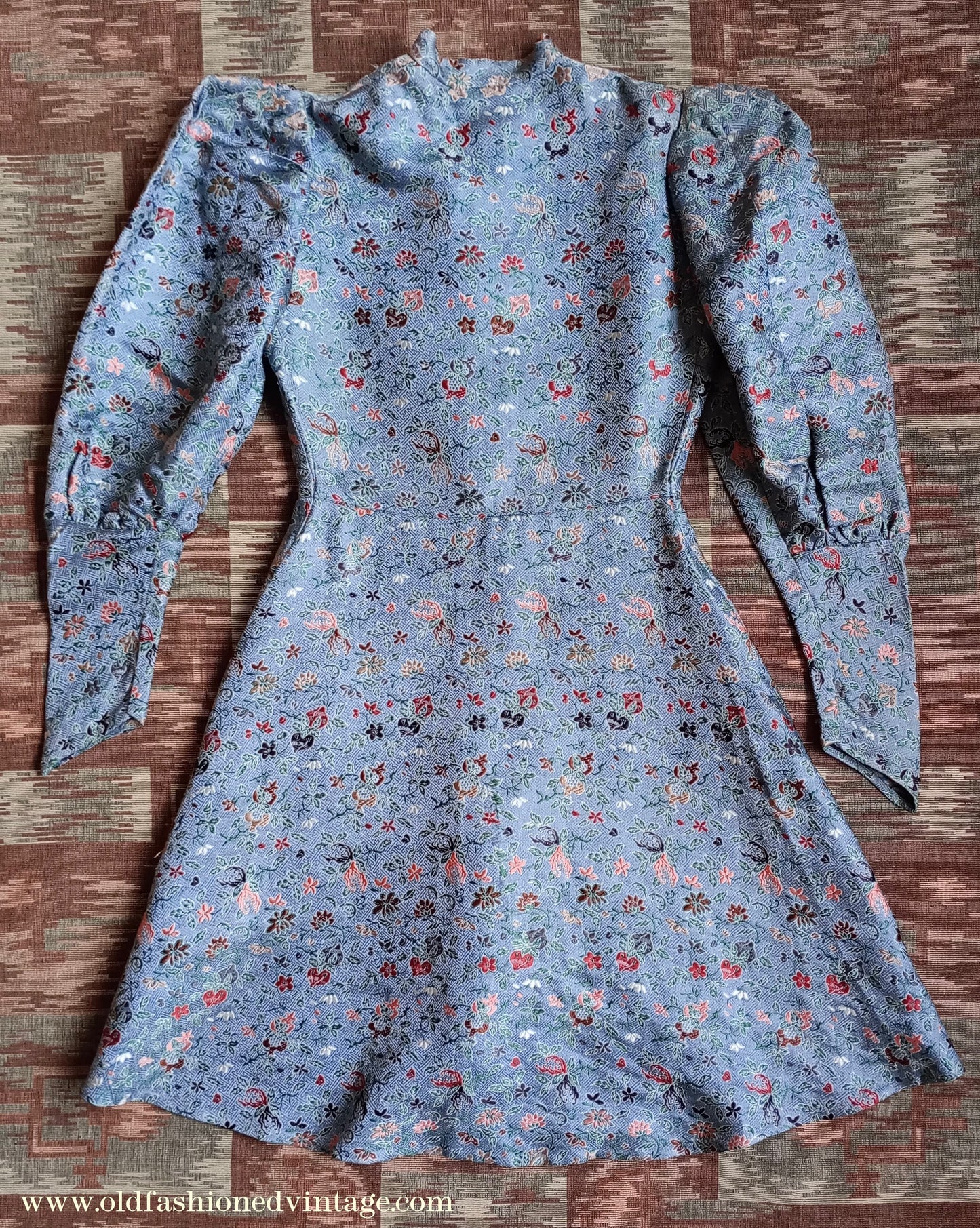 Fantastic Original Vintage 1930s Brocade Tunic Jacket Dress Blue UK S