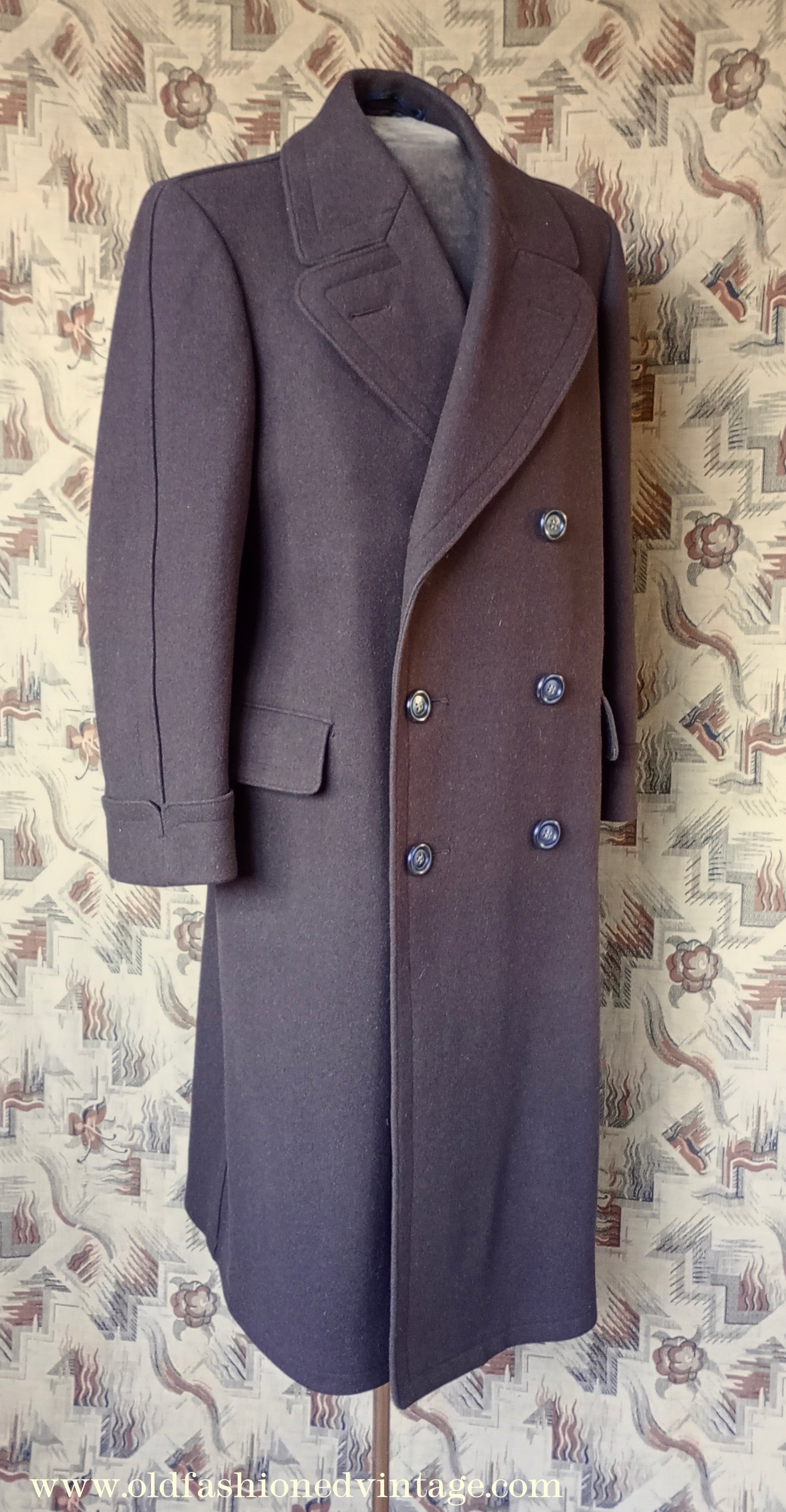 Vintage Mens 1940s Double Breasted Overcoat Coat Brown Wool Back Belt 40"