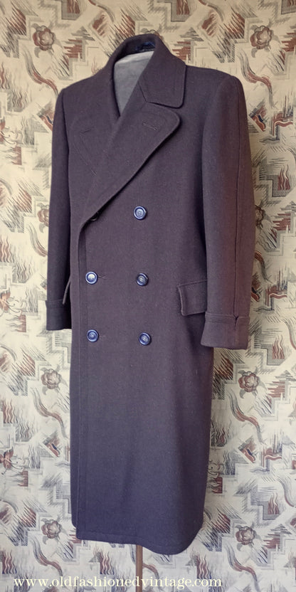 Vintage Mens 1940s Double Breasted Overcoat Coat Brown Wool Back Belt 40"