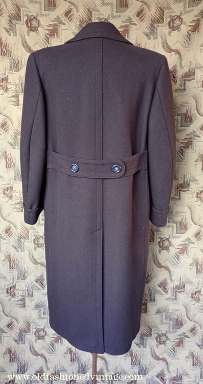 Vintage Mens 1940s Double Breasted Overcoat Coat Brown Wool Back Belt 40"