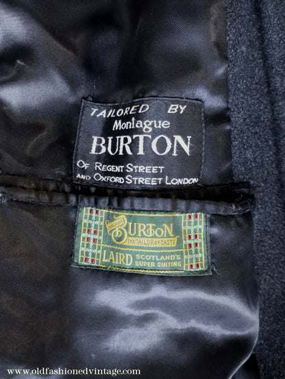 Vintage Mens 1950s Burton Double Breasted Overcoat Coat Dark Charcoal Grey Wool DB Belted UK L/XL