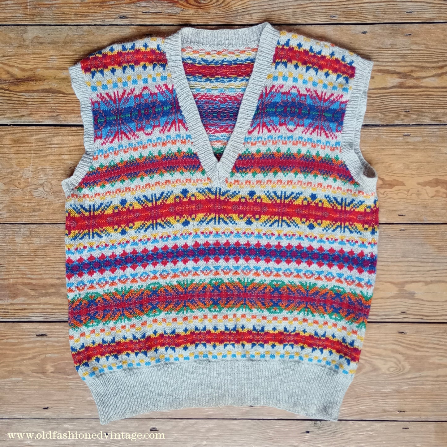 Vintage Mens 1950s Hand Knitted Fair Isle Slipover Sweater Vest Tank Top UK XL