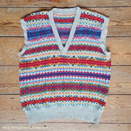 Vintage Mens 1950s Hand Knitted Fair Isle Slipover Sweater Vest Tank Top UK XL