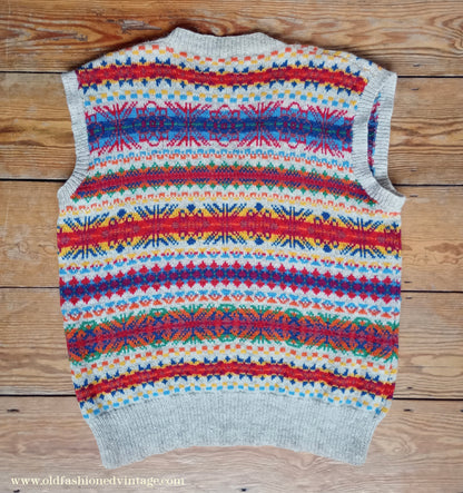 Vintage Mens 1950s Hand Knitted Fair Isle Slipover Sweater Vest Tank Top UK XL