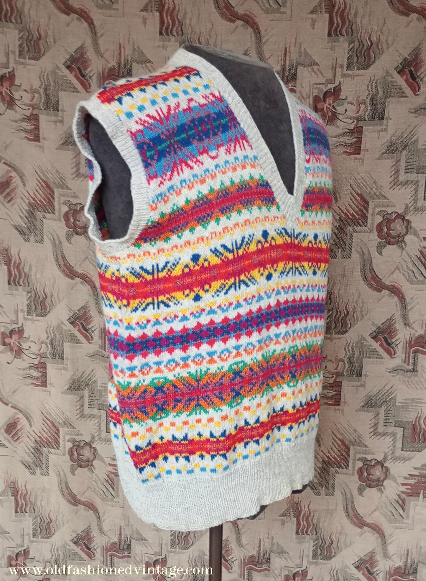 Vintage Mens 1950s Hand Knitted Fair Isle Slipover Sweater Vest Tank Top UK XL