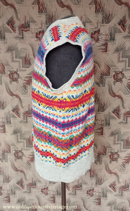 Vintage Mens 1950s Hand Knitted Fair Isle Slipover Sweater Vest Tank Top UK XL