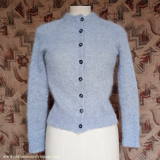 Rare Original Vintage 1950s Hand Knitted Mohair Cardigan Fluffy Grey 1940s UK S