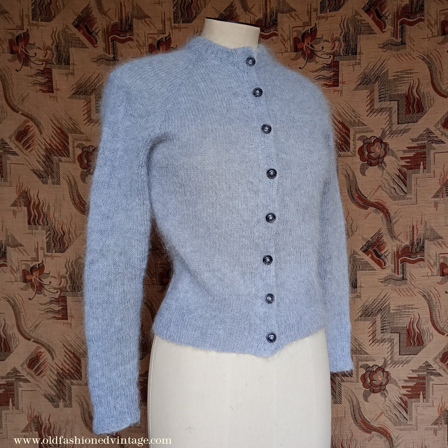 Rare Original Vintage 1950s Hand Knitted Mohair Cardigan Fluffy Grey 1940s UK S