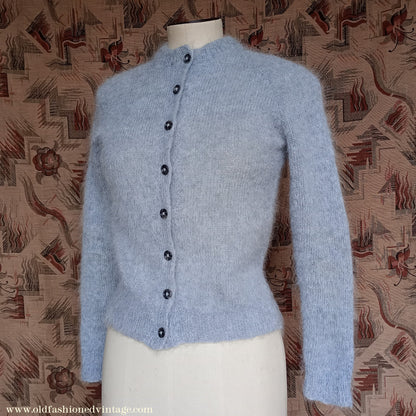 Rare Original Vintage 1950s Hand Knitted Mohair Cardigan Fluffy Grey 1940s UK S