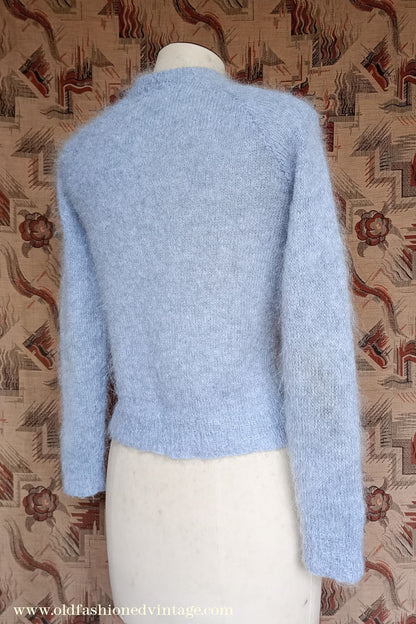 Rare Original Vintage 1950s Hand Knitted Mohair Cardigan Fluffy Grey 1940s UK S