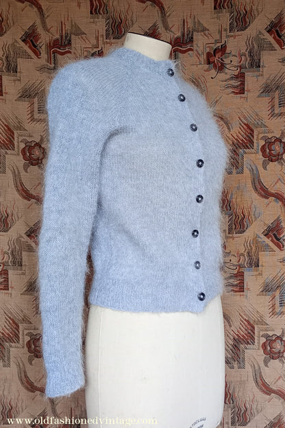 Rare Original Vintage 1950s Hand Knitted Mohair Cardigan Fluffy Grey 1940s UK S