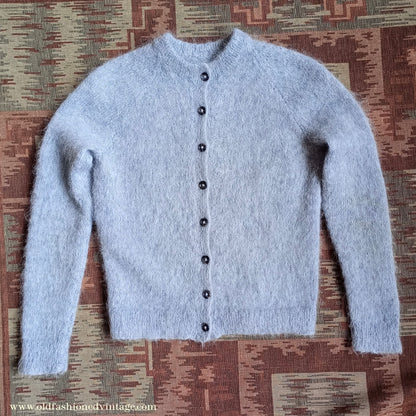 Rare Original Vintage 1950s Hand Knitted Mohair Cardigan Fluffy Grey 1940s UK S