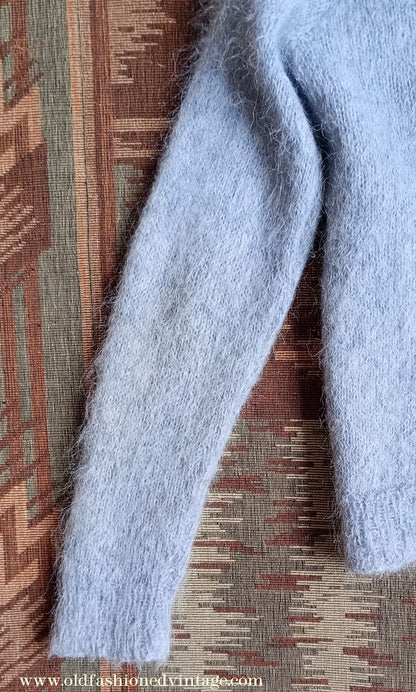 Rare Original Vintage 1950s Hand Knitted Mohair Cardigan Fluffy Grey 1940s UK S