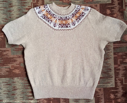 Original Vintage 1950s 40s Knitted Sweater Oatmeal Fair Isle Yoke UK L