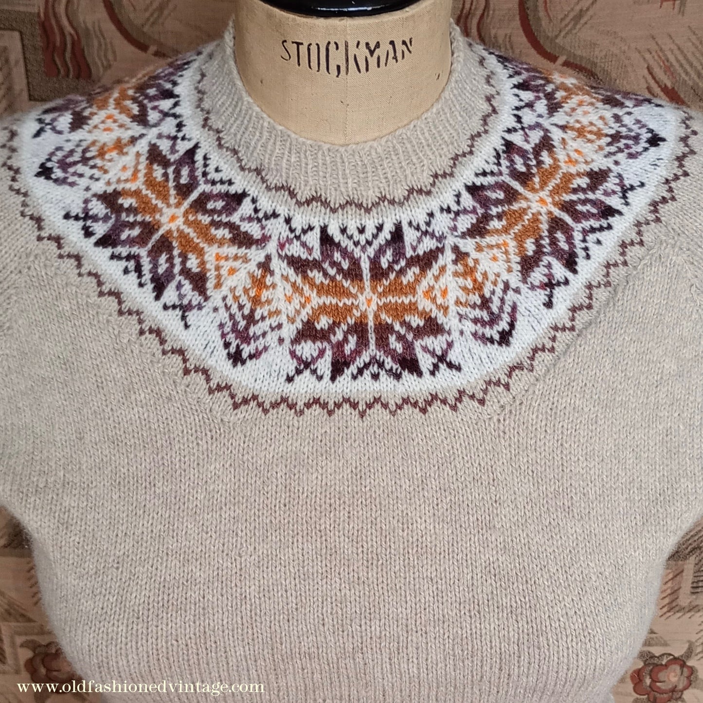 Original Vintage 1950s 40s Knitted Sweater Oatmeal Fair Isle Yoke UK L