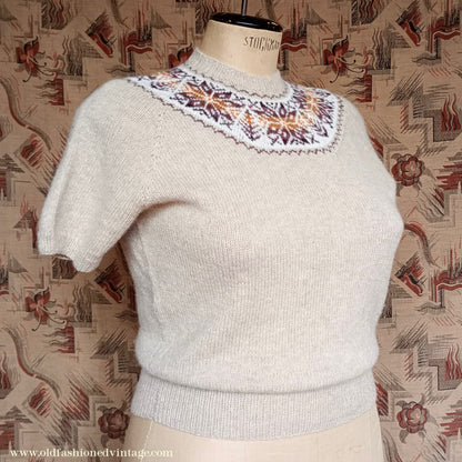 Original Vintage 1950s 40s Knitted Sweater Oatmeal Fair Isle Yoke UK L