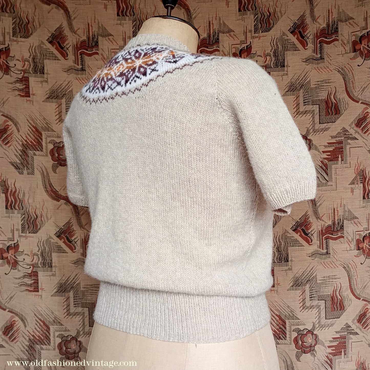 Original Vintage 1950s 40s Knitted Sweater Oatmeal Fair Isle Yoke UK L