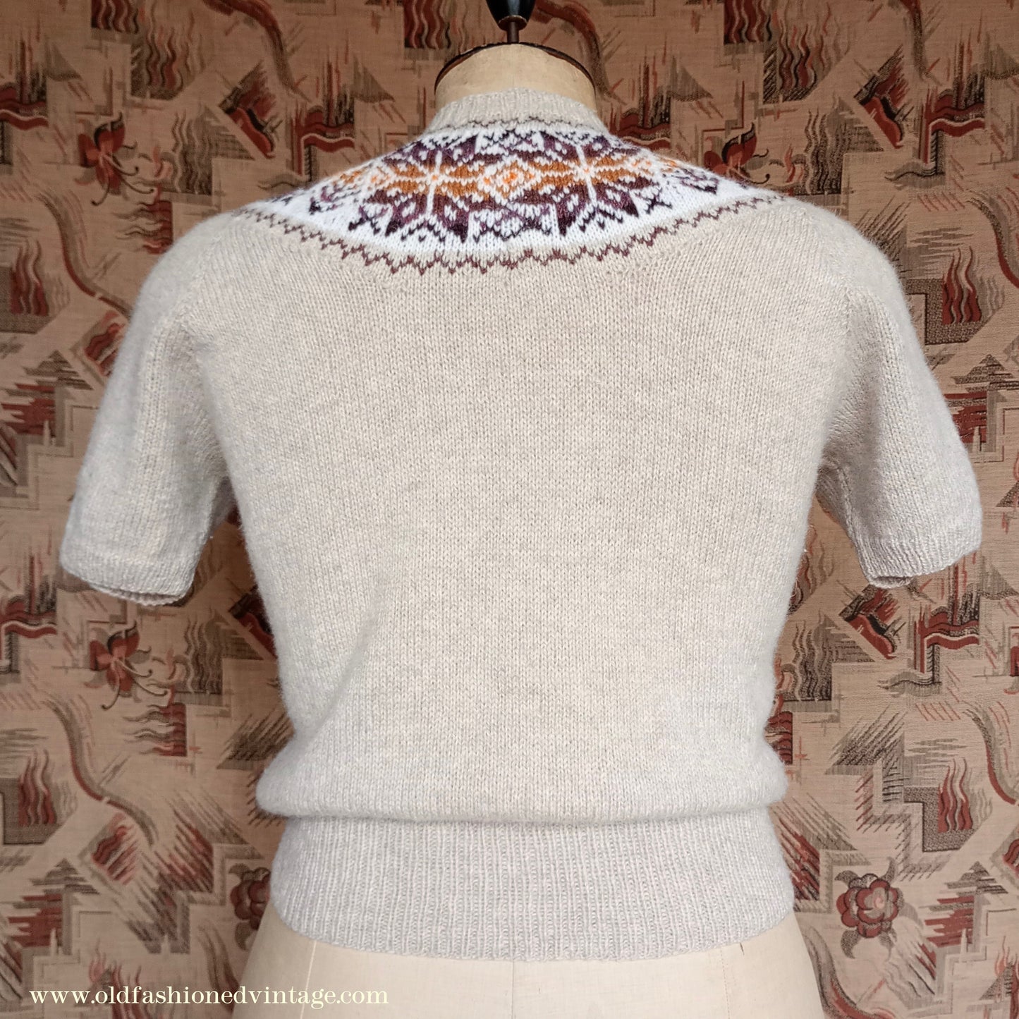 Original Vintage 1950s 40s Knitted Sweater Oatmeal Fair Isle Yoke UK L