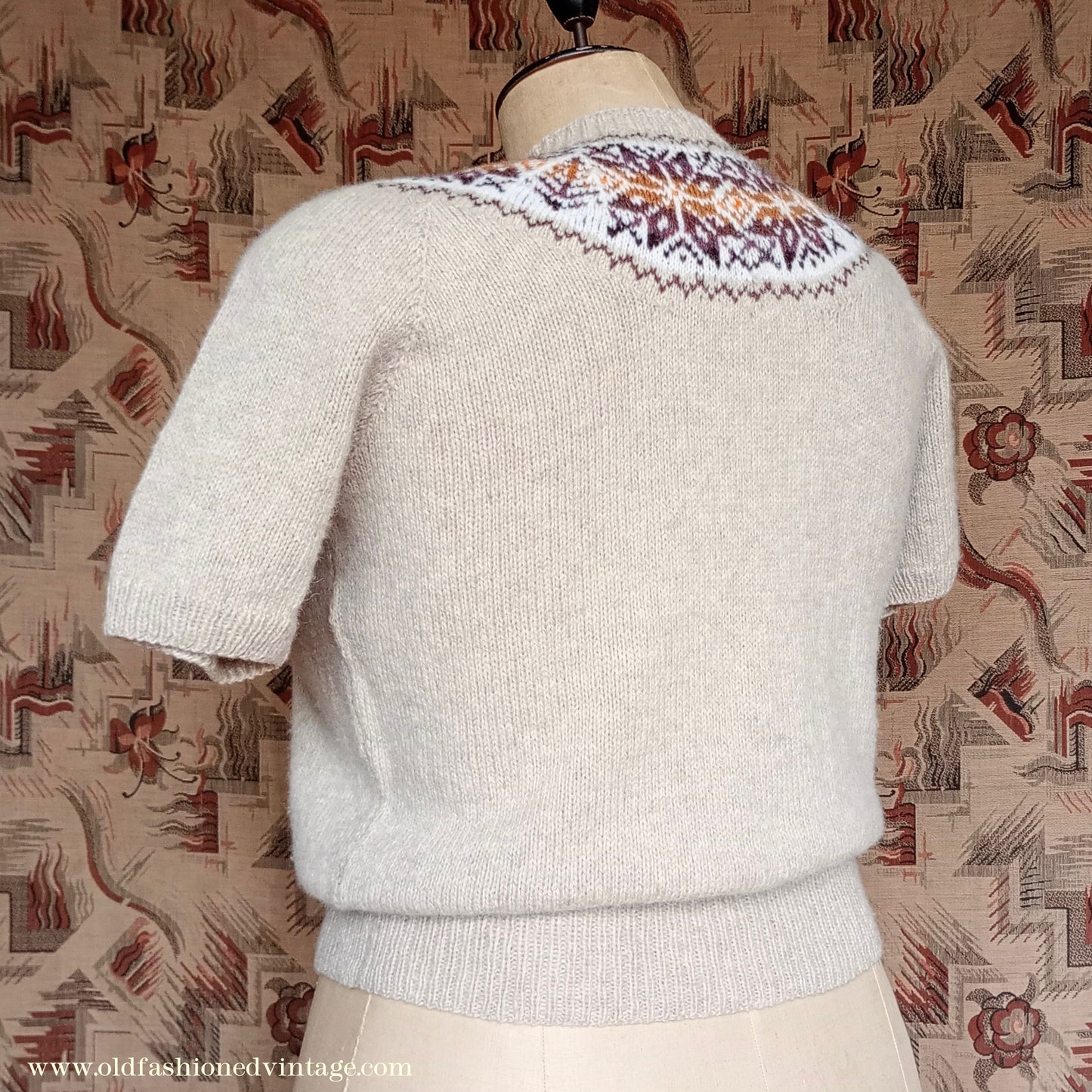 Original Vintage 1950s 40s Knitted Sweater Oatmeal Fair Isle Yoke UK L