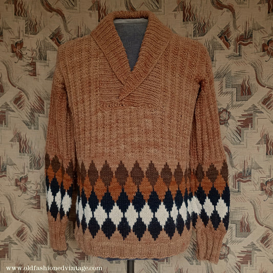 Vintage Mens 1950s Hand Knitted Shawl Collar Jumper Ribbed Fair Isle Diamond Pattern UK M/L