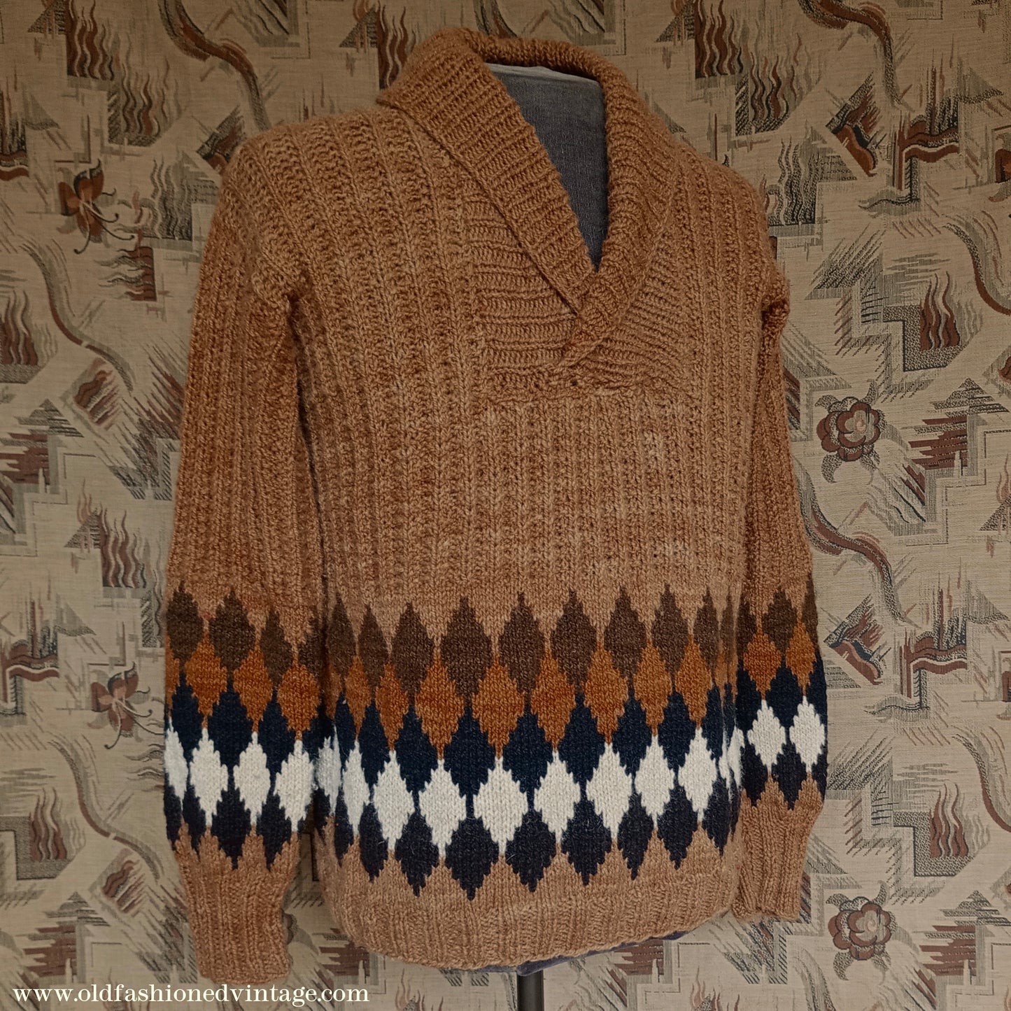 Vintage Mens 1950s Hand Knitted Shawl Collar Jumper Ribbed Fair Isle Diamond Pattern UK M/L