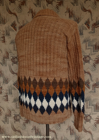 Vintage Mens 1950s Hand Knitted Shawl Collar Jumper Ribbed Fair Isle Diamond Pattern UK M/L