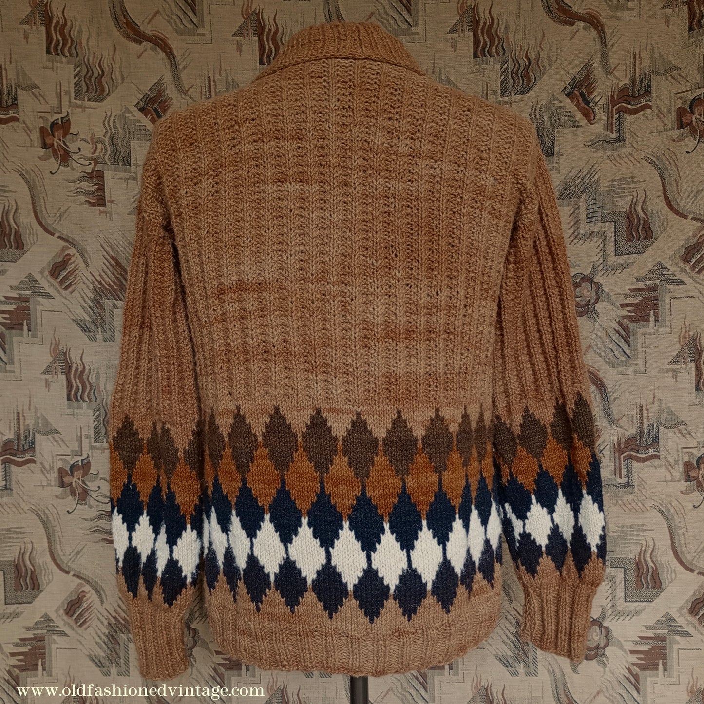 Vintage Mens 1950s Hand Knitted Shawl Collar Jumper Ribbed Fair Isle Diamond Pattern UK M/L