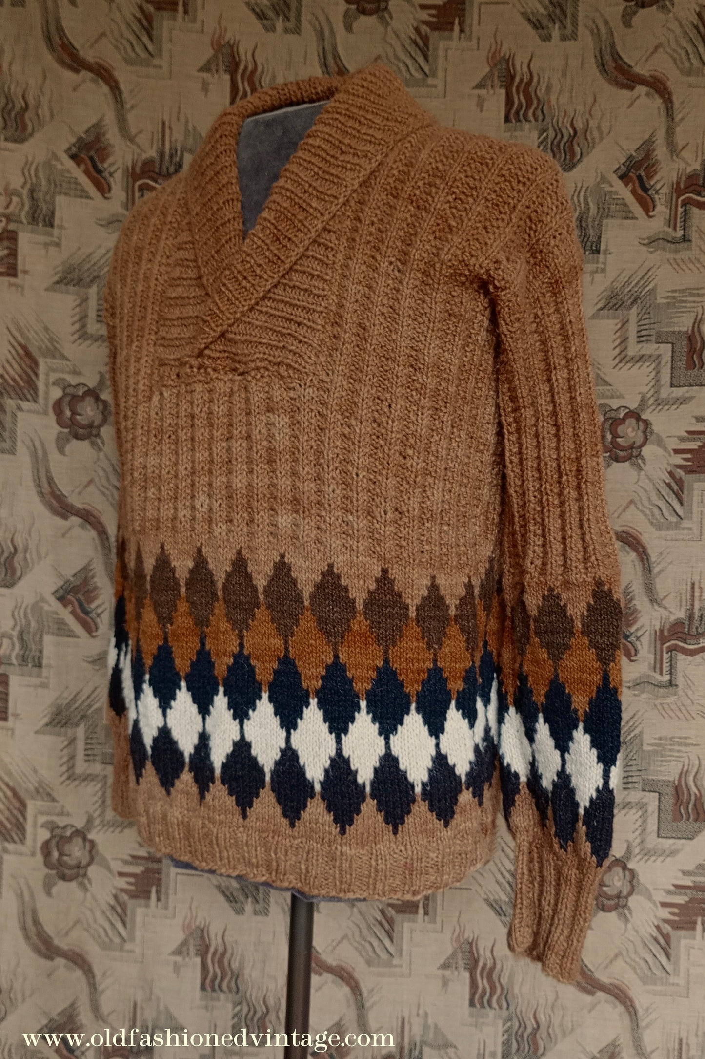 Vintage Mens 1950s Hand Knitted Shawl Collar Jumper Ribbed Fair Isle Diamond Pattern UK M/L