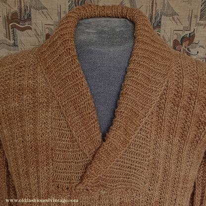 Vintage Mens 1950s Hand Knitted Shawl Collar Jumper Ribbed Fair Isle Diamond Pattern UK M/L