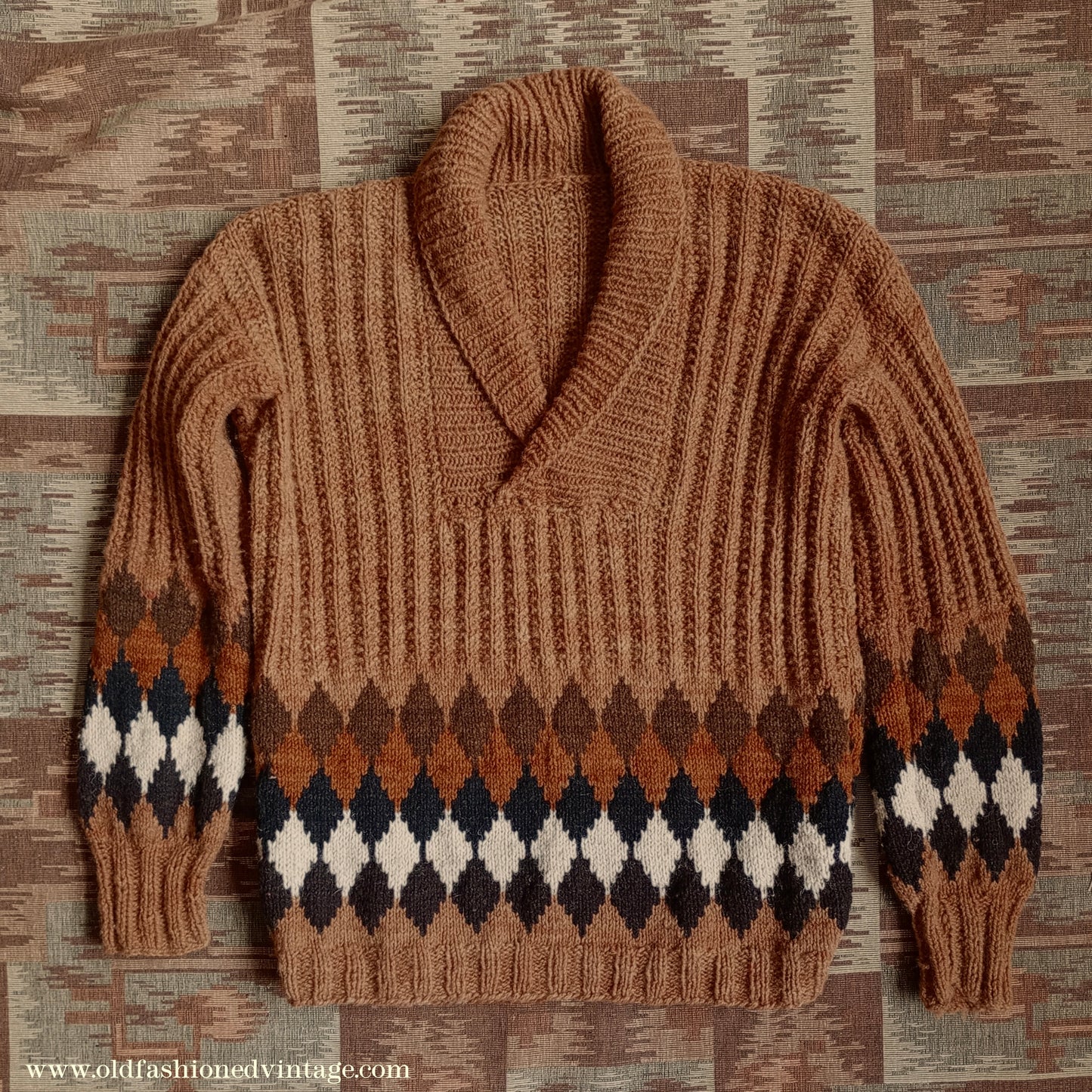 Vintage Mens 1950s Hand Knitted Shawl Collar Jumper Ribbed Fair Isle Diamond Pattern UK M/L