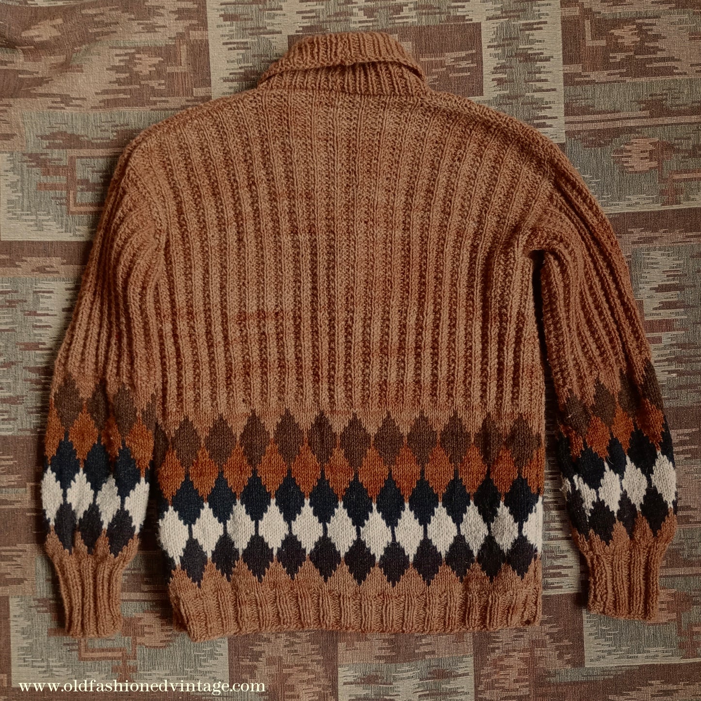 Vintage Mens 1950s Hand Knitted Shawl Collar Jumper Ribbed Fair Isle Diamond Pattern UK M/L