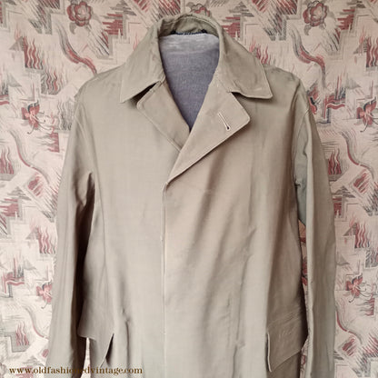 Vintage Mens 1950s British Army Khaki Rubberised Raincoat Coats Rubberproofed 1A UK L/XL