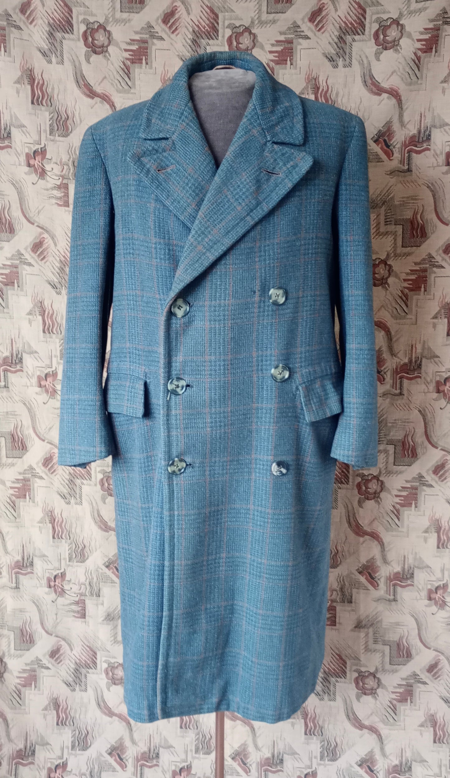 Vintage Mens 1940s CC41 Mens Double Breasted Overcoat Coat Teal Blue Glen Check Wool DB M